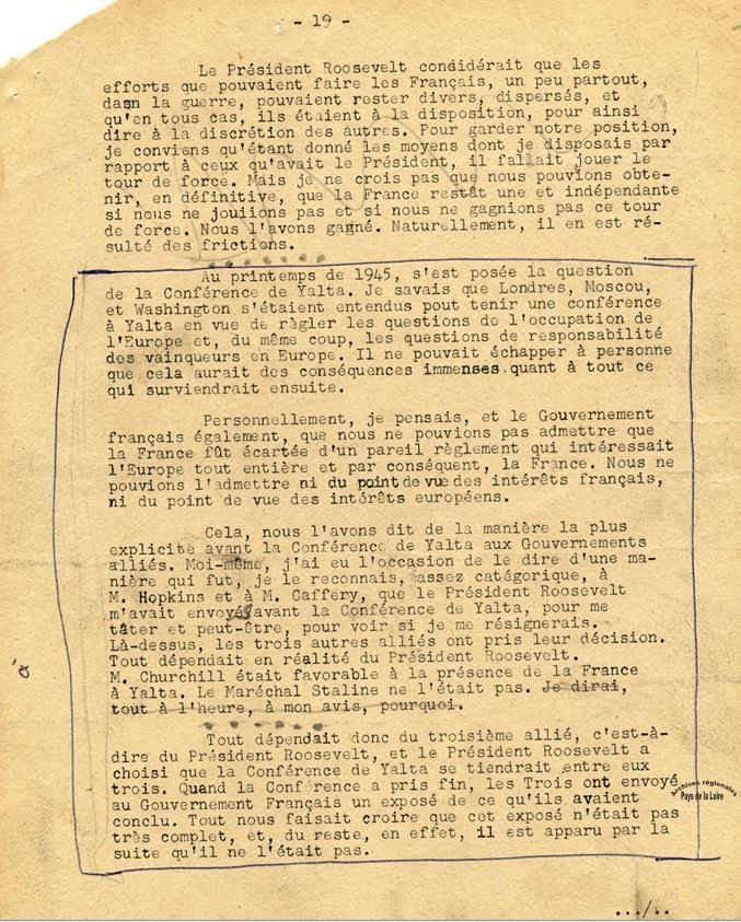 Extrait du texte dactylographié de la conférence de presse du général De Gaulle de novembre 1947 (Archives Olivier Guichard).