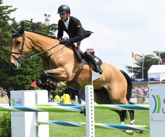 Gros plan d'un saut d'obstacle par un cheval et son cavalier lors d'un concours hippique