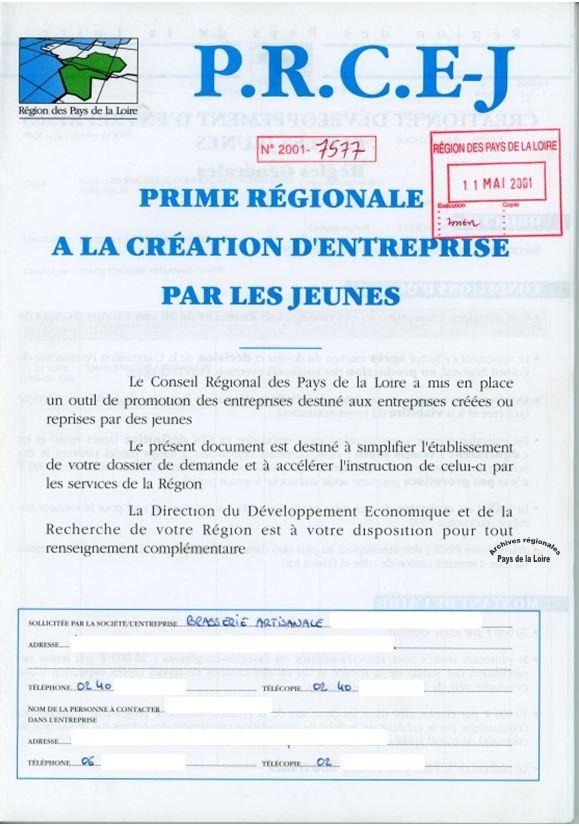 Extrait d'un dossier de demande de prime régionale à la création d’entreprises par les jeunes (2001)