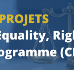 Image d'une balance représentant la justice en fond avec le texte "Appels à projets Citizens, Equality, Rights and values programme (CERV)"